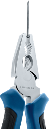 一把鉗子夾著一根長長的金屬釘，鉗柄是藍色和黑色的。