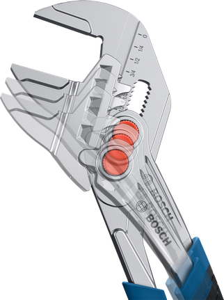 帶有藍色手柄的可調式扳手，演示了下顎的運動。