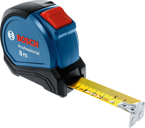 Bosch8 公尺捲尺，黃色尺帶已伸展。