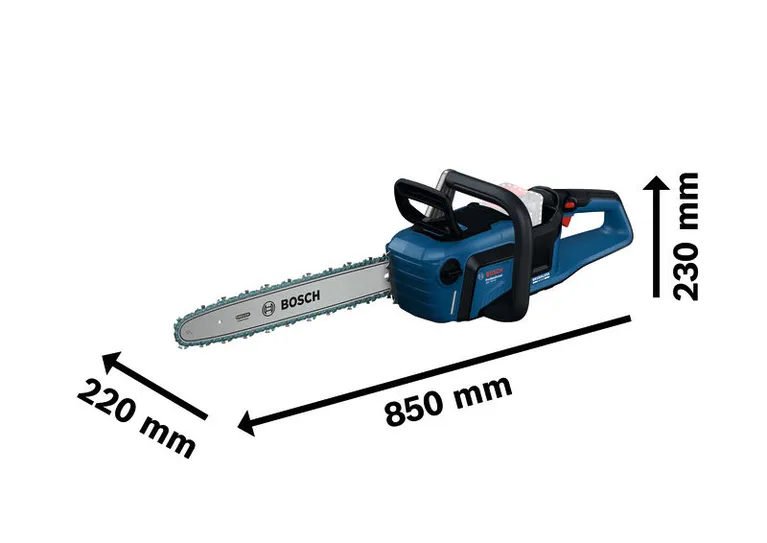 Bosch 18V-40 無線電鋸及其尺寸。