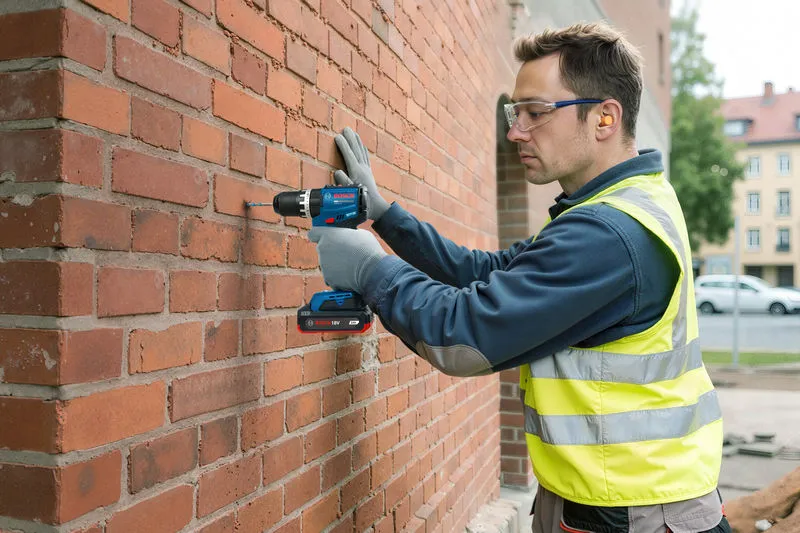A person wearing safety equipment drills into a brick wall.