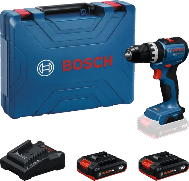 Bosch GSB 18V-52 drill set with batteries and charger.