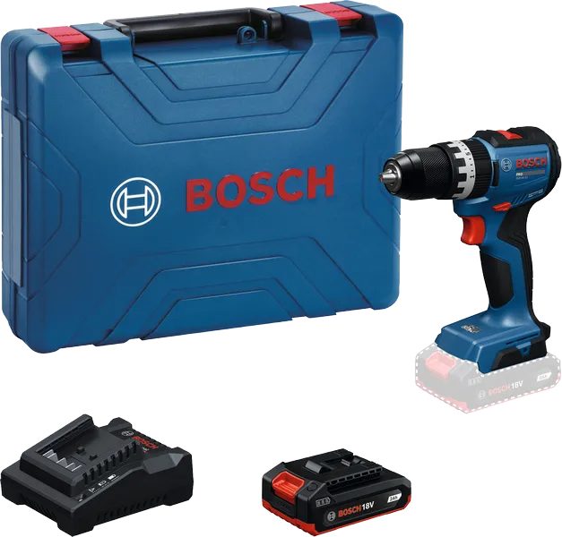 Bosch GSB 18V-52 cordless drill set with case and battery.