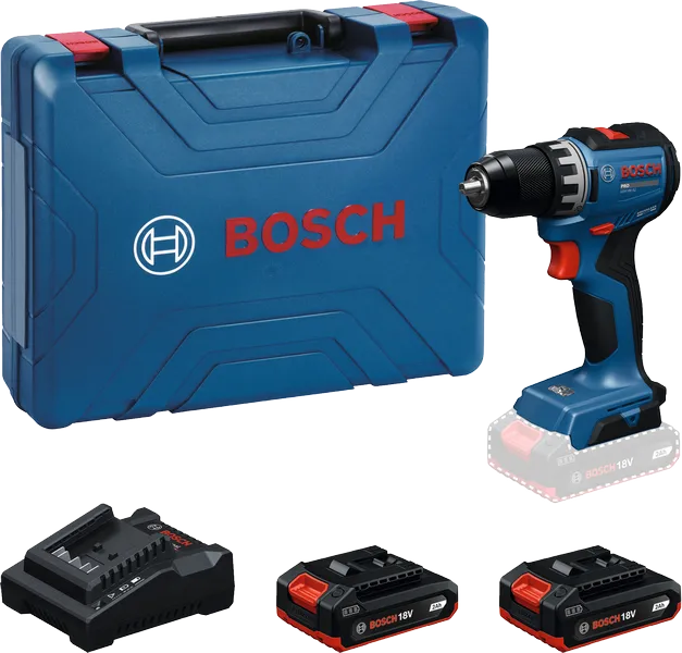 Bosch 18V-52 無線電鑽套裝，含工具箱、電池和充電器。