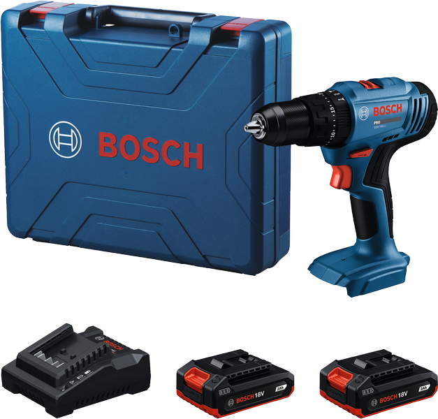 Bosch 18V-45 無線電鑽套裝，含電池和充電器。
