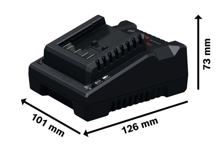 Bosch 18V-40 電池充電器，尺寸如圖所示。