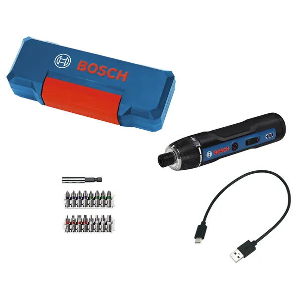 Bosch GO cordless screwdriver set with USB cable and bits.