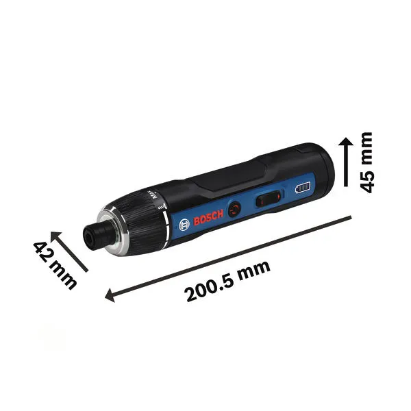 Bosch Go GSD4V-5 cordless screwdriver with dimensions.