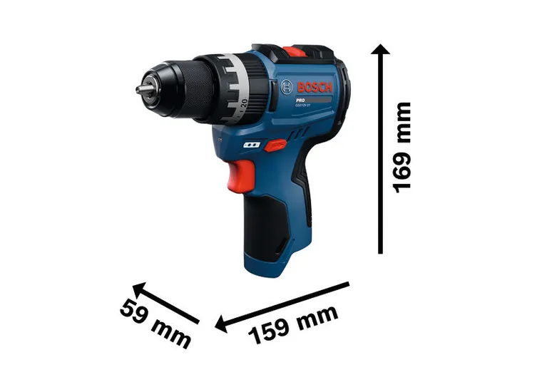 BoschGSB12V-31 無線衝擊鑽，尺寸規格。