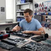 Person wearing safety equipment uses a cordless screwdriver to assemble a computer motherboard.