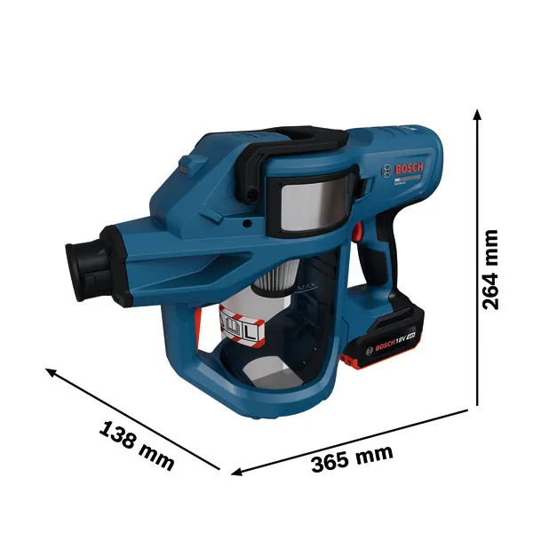 BoschGAS18V-2LS 無線乾式吸塵器，尺寸規格。