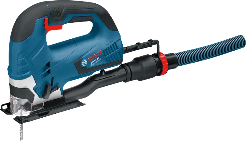 Bosch GST 90 BE jigsaw with dust extraction attachment.